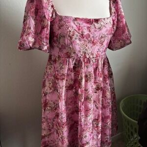 Floral Embroidered Mini Dress Audrey Parks Pink Puff Sleeve Square Neck